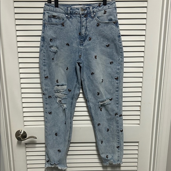 Tinseltown Denim - Tinseltown Distressed Light Blue Embroidered All Over Print Butterfly Jeans